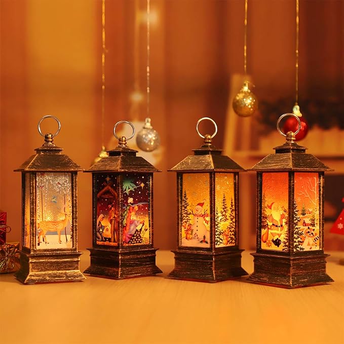 Christmas Lantern Decorations Christmas Lighting Decorations Christmas Tree Decoration Home Decor Small Candle Lanterns, Holiday Decoration Gifts for Family, Children, or Friends（4-Pack）