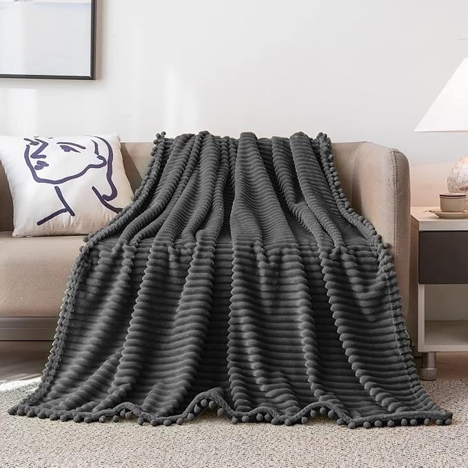 DISSA Fleece Blanket Throw Size – 51x63, Dark Grey – Soft, Plush, Fluffy, Fuzzy, Warm, Cozy – Perfect Throw for Couch, Bed, Sofa - with Pompom Fringe - Flannel Blanket Throw Blanket