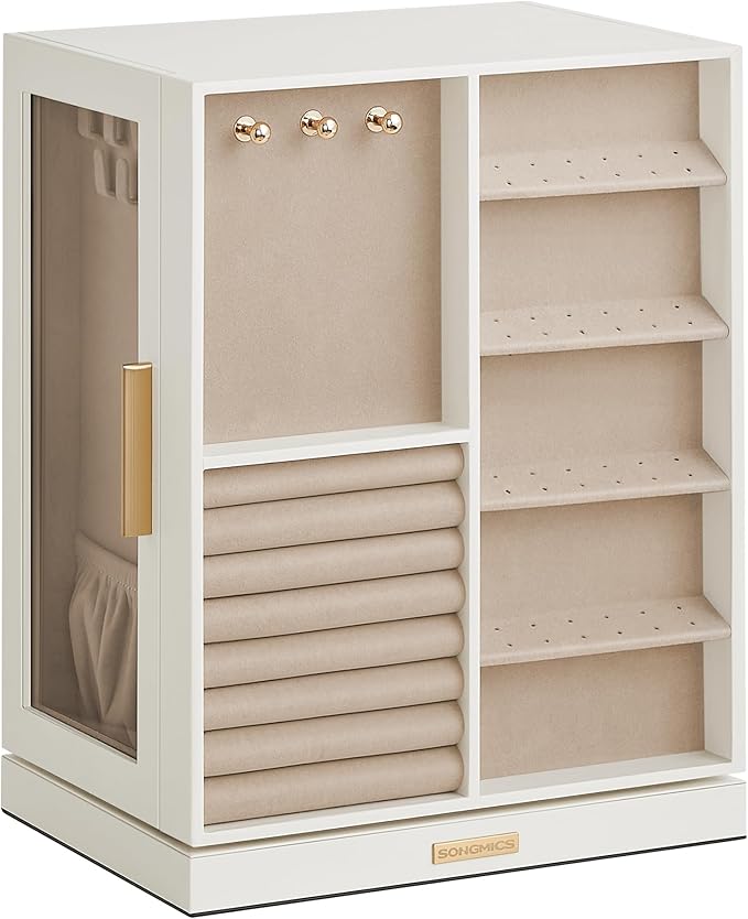 SONGMICS Jewelry Box 360° Rotating, Jewelry Storage Case with 5 Drawers, Jewelry Organizer, Glass Window, Spacious, Vertical Jewelry Storage, Open Design, Great Gift, Cloud White UJBC170W01