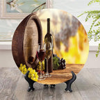 Decorative Plates, Wine Print Ornament, Red and White Wine Bottle Glass on Wooden, 10 Inch, Kitchen Wall Decor, Brown Light Green Yellow