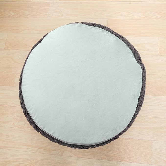 Unstuffed Ottoman Pouf Cover – Round Faux Fur Footstool Plush Floor Pouf (No Filler Included) Perfect for Living Room, Bedroom, or Office Lounge (Gray, 26x26x18 in)