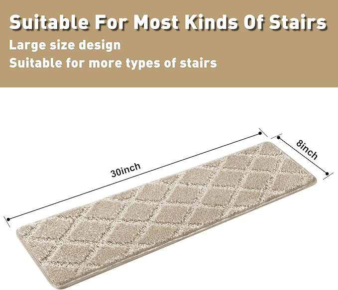 PURE ERA Carpet Stair Treads Tape Free Non Slip Indoor Stair Carpet Stair Protectors Pet-Friendly Non-Slip Skid Resistant Washable Reusable 8" x 30"(2 Pieces,Cream Gray Diamond Trellis)