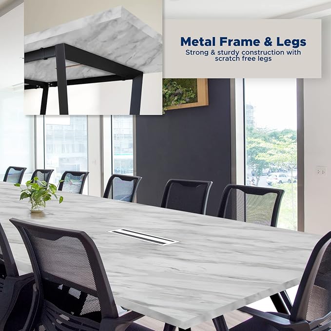 Sturdy Conference Table with Cable Management Grommets Modern Rectangle Office Meeting Table with Wood Tabletop and Metal Frame & Legs- Easy Assembly Boardroom Table (White Marble, 12 Foot)
