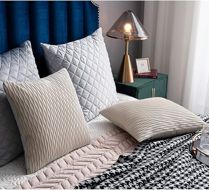 Ivory White Couch Pillow Covers: 2 Pack 24x24 Inch Original Striped Velvet Square Throw Pillow Cases for Farmhouse Home Decor