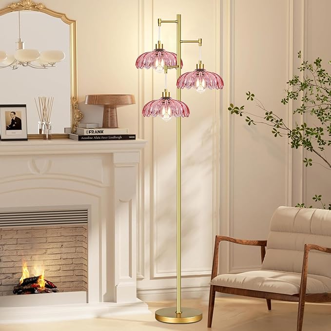 Gold Floor Lamp for Living Room,Modern Floor Lamps with Unique Pink Glass Shades,3 Lights Mid Century Tall Standing Lamp,Vintage Tree Flower Floor Lamp for Bedroom Corner Office Reading
