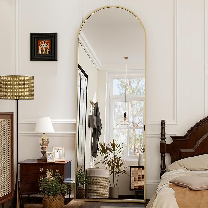 GLSLAND-21x64 inch Full Length Mirror-Aluminum Alloy Frame-Arch Mirror Full Length HD-Full Body for Bedroom or Living Room, Gold