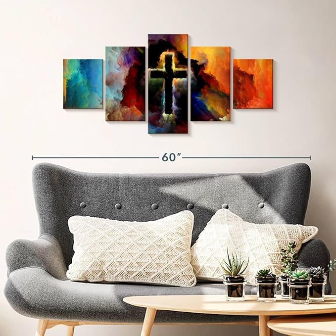 Elephant Stock Colorful Cross Wall Art Multi Piece Canvas - 5 Panel Christian Pictures Decor - Digital Design Canvas Print - Christian Wall Decor - 42" X 19"