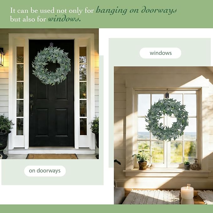 Solar Spring Wreath for Front Door 18in 30LED Pre-lit Spring Summer Greenery Wreaths Artificial Green Eucalyptus Leaf Wreath Home Decor Boxwood for Farmhouse Outside Fall All Seasons