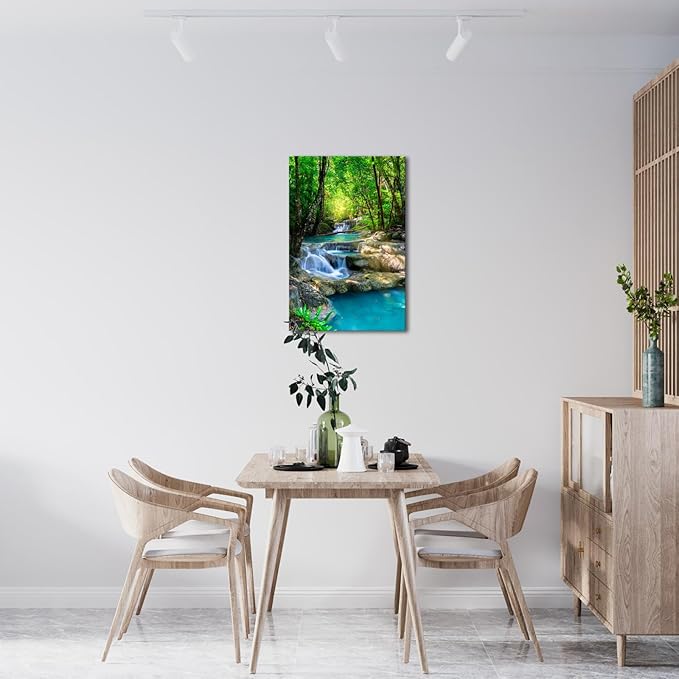 iKNOW FOTO 16x24 Single Piece Canvas Wall Art Nature Landscape Pictures Green Forest Waterfall Poster Canvas Prints Framed Artwork Spa Bathroom Bathroom Room Decor
