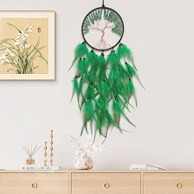 Green Dream Catcher Wall Decor Crystal Tree of Life Dream Catchers Handmade Feather Dreamcatcher Wall Hanging Ornament for Bedroom Living Room Home Decor