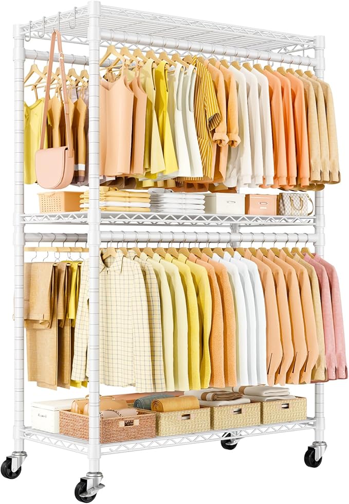 P5 Plus Rolling Clothes Rack Heavy Duty, Clothing Racks for Hanging Clothes, Metal Garment Rack with Wheels, 3-Tier Portable Closet Rack 45'' W × 20.5'' D × 80.5'' H, Max Load 660 Lbs, White