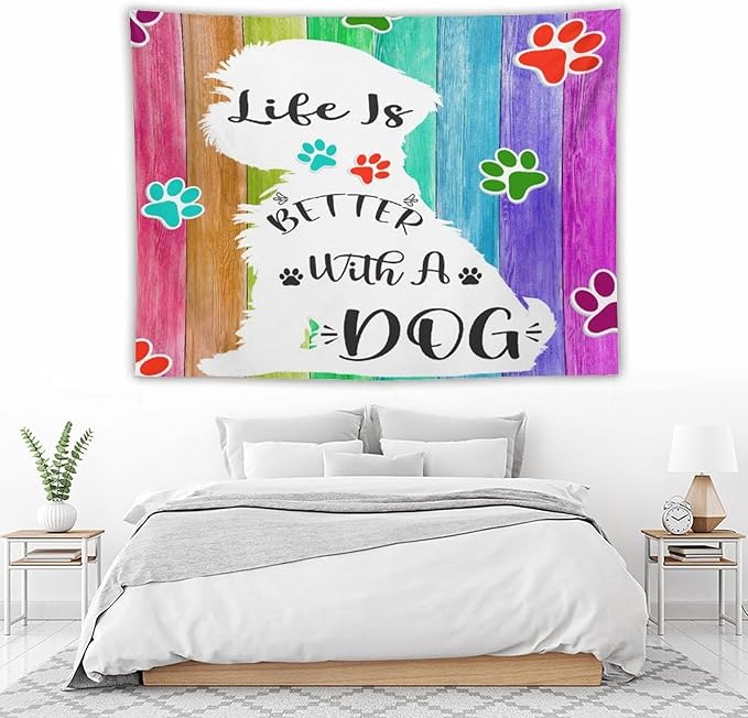 VUMIVI Cute Dog Tapestry Rainbow Color Planks Rustic Farmhouse Home Decor Pet Paws Tapestry Wall Hanging for Living Room Bedroom Dorm Classroom Aesthetic Decor W80xL60in