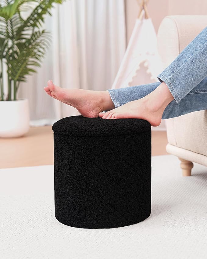 Round Ottoman with Storage, Boucle Foot Rest Stool with Reversible Tray Lid, Folding Teddy Ottoman Coffee Table for Dorm Living Room Bedroom Entryway, Black,13" x 13" x 13.8"