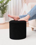 Round Ottoman with Storage, Boucle Foot Rest Stool with Reversible Tray Lid, Folding Teddy Ottoman Coffee Table for Dorm Living Room Bedroom Entryway, Black,13" x 13" x 13.8"