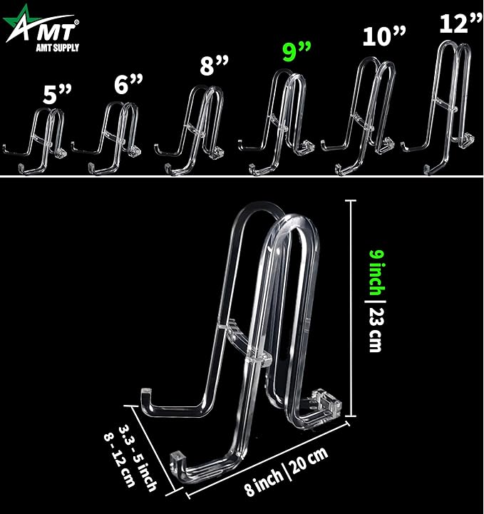 AMT 9 Inch 2 Pack Plate Stands for Display - Holder Stand + Acrylic Frame Holder Picture, Decorative Plate, Book, Photo Easel