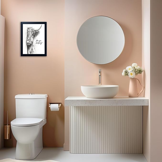 Gongyuanyihao Arts Funny Highland Cow Bathroom Wall Art with Black Frame, Are You Pooping Sign for Farmhouse Restroom Decor, Rustic Humorous Canvas Print Painting Ready to Hang 16"x20"