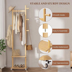 Solid Wood Coat Rack Freestanding Clothing Rack with Wheels & 2 Shelves Storage & 5 Hooks Heavy Duty Clothes Rack Wood Coat Tree Stand Hat Hanger Rack for Corner Bedroom Entryway Living Room Hotel