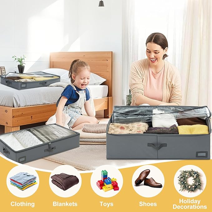 6-Inch Under Bed Storage Containers (2-Pack) | Sturdy Sidewalls | Clear Cover & Label Holder | Foldable Fabric Closet Bin Organizer | Stores Clothing/Blankets/Sweaters/Sheets