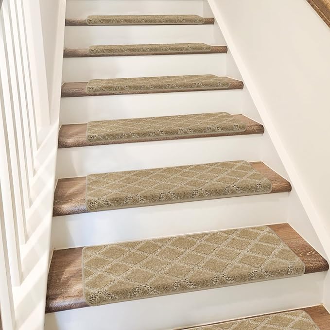 PURE ERA Bullnose Carpet Stair Treads Set Tape Free Non-Slip Indoor Stair Protectors Pet Friendly Rugs 9.5" x 30"(14 Pieces,Khaki Diamond Trellis)
