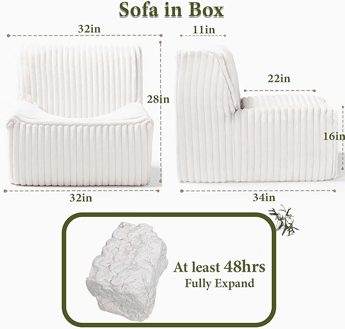 Trenda 32'' Boneless Chair, Super Comfy Bedroom Accent Chair, Sofa Chair, Soft Faux Fur Cover Floor Couch for Living Room,College, Dorm to Reading& Gaming (White)