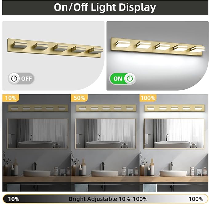 OKELI 5-Light Bathroom Vanity Light Gold Modern LED Vanity Light Over Mirror Dimmable Mirror Front Lamp with 350° Adjustable Lamp Head ETL Listed 32W 6000K Cold White