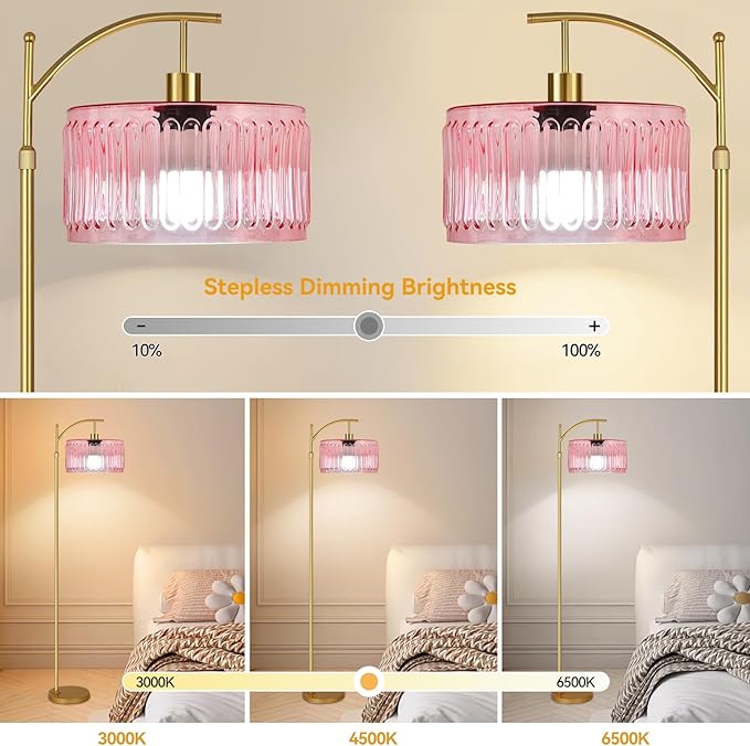 Pink Floor Lamp for Living Room,Bedroom,Gold Dimmable Standing Lamp with Remote,Mid Century Modern Brass Tall Lamp Boho Floor Lamps Arc Stained Glass Flower Floor Light Lamp Girls kids Bohemian