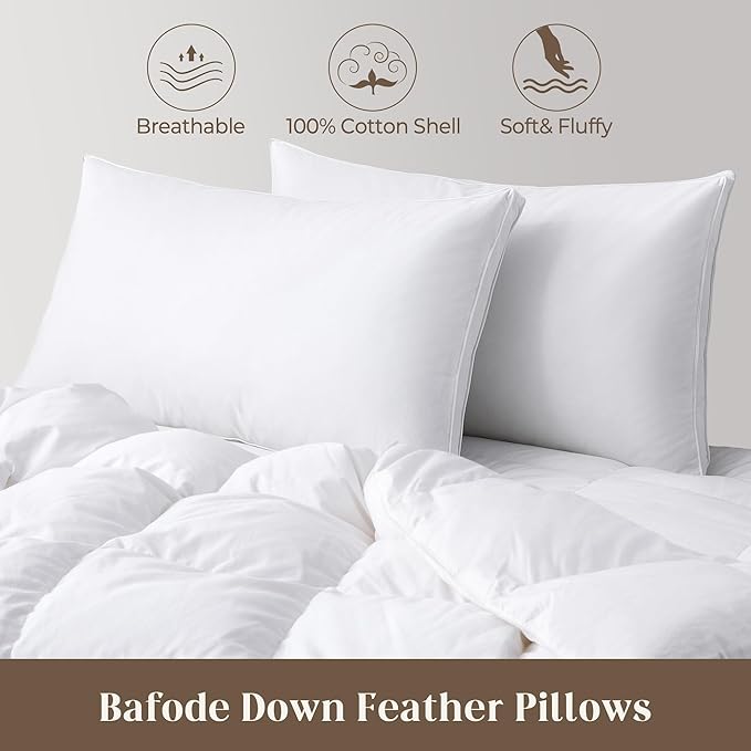 Bafode Goose Feathers and Down Pillows, Pillows Queen Size Set of 2, Cotton Cover,Gusseted Hotel Collection Bed Pillow for Back, Stomach or Side Sleepers