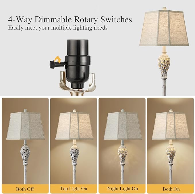 65'' Rustic Floor Lamp for Living Room with 2 Light Sources, Hollow Out Nightlight Resin Farmhouse Tall Standing Lamp for Bedroom Office Corner, Bulb Included (Wash White)