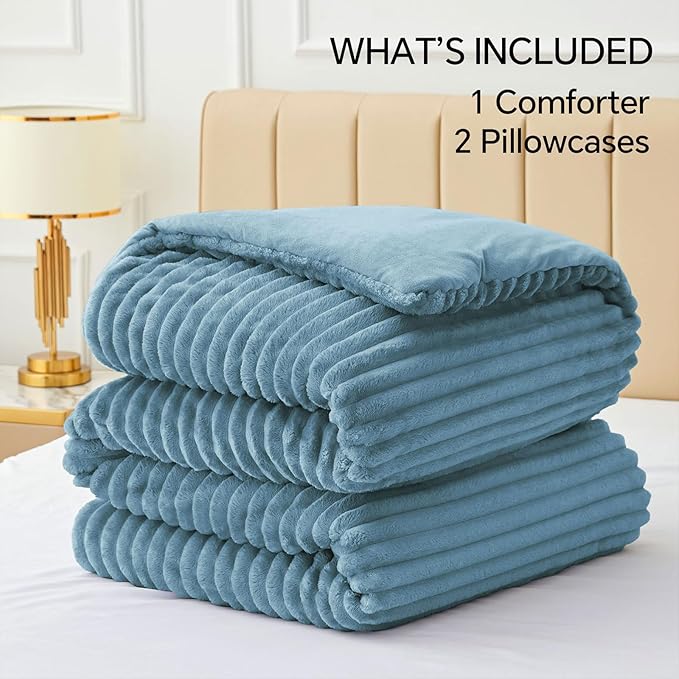 BEDELITE Fleece Oversized Queen Comforter Set -Super Soft & Warm Fluffy Blue Fog Bedding, Luxury Fuzzy Heavy Bed Set for Winter with 2 Pillow Cases