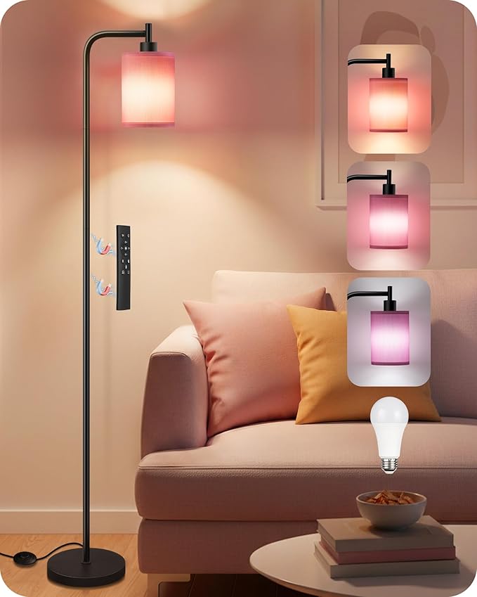 Dimmable Floor Lamp for Living Room with Remote and Foot Switch, Modern Standing, Corner Lamp,10W Bulb 3 Color Temperatures, for Bedroom, Office, Corner, ETL Listed, Black and Pink P19LD05