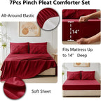 CozyLux King Size Comforter Set Dark Red, 7 Pieces Pintuck Bed in A Bag Red Comforter King Size, Pinch Pleat Bedding Set with All Season Comforter, Sheets, Pillowcases & Shams