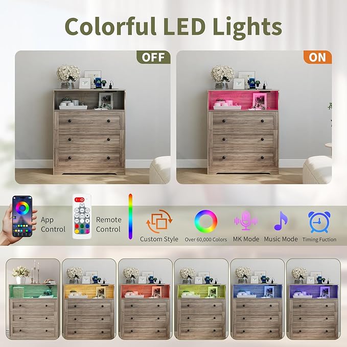 GarveeLife Small Dresser with 3 Drawers, Wood Dresser with Charging Station and LED Lights for Bedroom Closet Bedside, Modern Wooden Chest of Drawers for Living Room, Hallway, Grey
