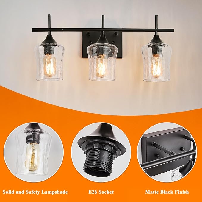 3 Lights Bathroom Vanity Light,Black Farmhouse Modern Wall Light Over Mirror.
