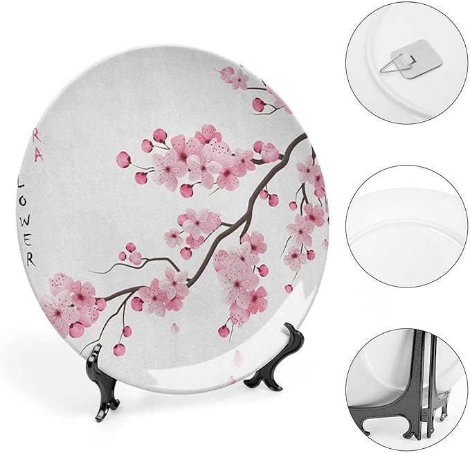 Decorative Plates, Asian Print Ornament, Japanese Cherry Blossoms Spring Themed, 7 Inch, 1 Plate with 1 Display Stand, Pink White