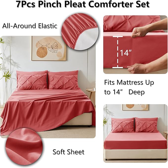 CozyLux Queen Comforter Set Coral, 7 Pieces Pintuck Bed in A Bag, Premium Coral Comforter Queen Size, Pinch Pleat Bedding Sets with Comforter, Flat Sheet, Fitted Sheet, Pillowcases & Shams