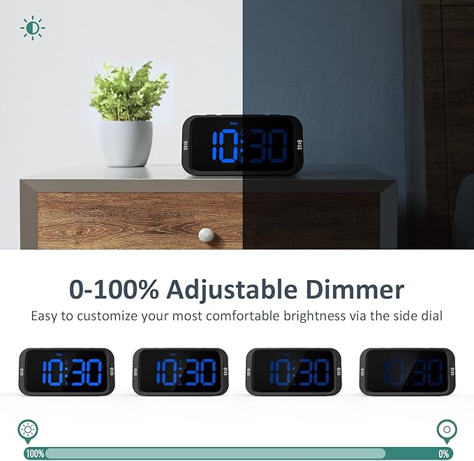 Digital Dual Alarm Clock for Bedroom, Easy to Set, 0-100% Dimmer, USB Charger, 5 Sounds Adjustable Volume, Weekday/Weekend Mode, Snooze, 12/24Hr, Battery Backup, Compact for Bedside(Blue)