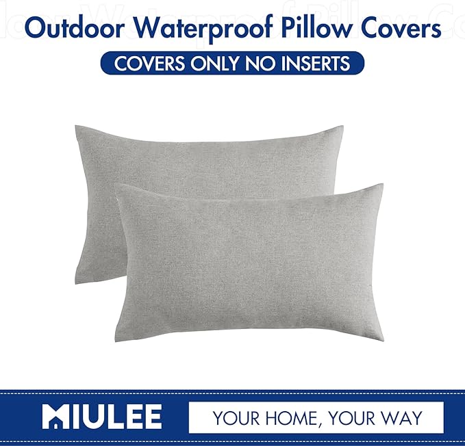 MIULEE Pack of 2 Decorative Outdoor Solid Waterproof Throw Pillow Covers Faux Linen Garden Farmhouse Cushion Cases for Patio Tent Balcony Couch Sofa 20x12 Inch Light Grey