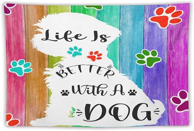 VUMIVI Cute Dog Tapestry Rainbow Color Planks Rustic Farmhouse Home Decor Pet Paws Tapestry Wall Hanging for Living Room Bedroom Dorm Classroom Aesthetic Decor W90xL60in
