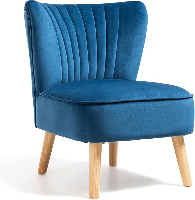KOMFOTT Velvet Accent Chair, Modern Armless Sofa Chair with Solid Rubber Wood Legs, Wingback Leisure Chair with Thick Cushion, Upholstered Side Chair for Living Room, Bedroom, Blue