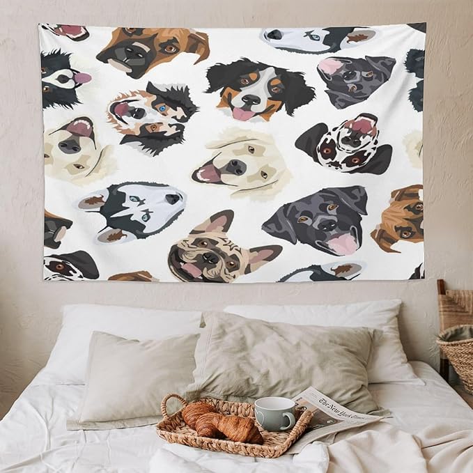 VUMIVI Dog-Head Tapestry Cartoon Pet Illustrations Cute Funny Animals Colorful Graffiti Tapestry Wall Hanging for Living Room Bedroom Dorm Classroom Aesthetic Decor W90xL60in
