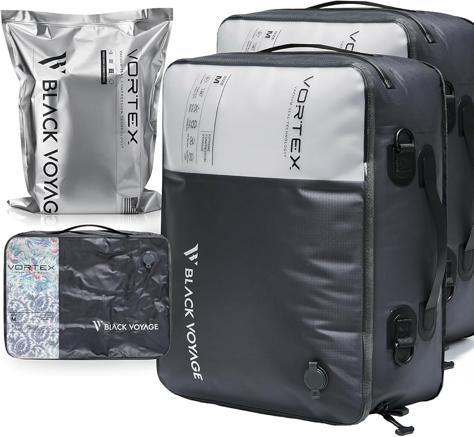 Black Voyage Reusable Vacuum Compression Travel Bag for Carry-On Suitcase and Backpack, Recycled IP67 Waterproof Space Saver (2-Pack, 21L - No Pump)