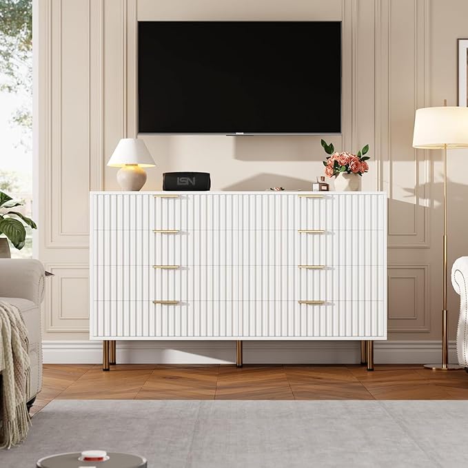 GarveeHome 8 Drawer Dresser for Bedroom, Fluted 55 in Wide Modern Chest of Drawers with Deep Drawers, Wooden Dresser Organizer for Living Room, Hallway, Kids Room, White