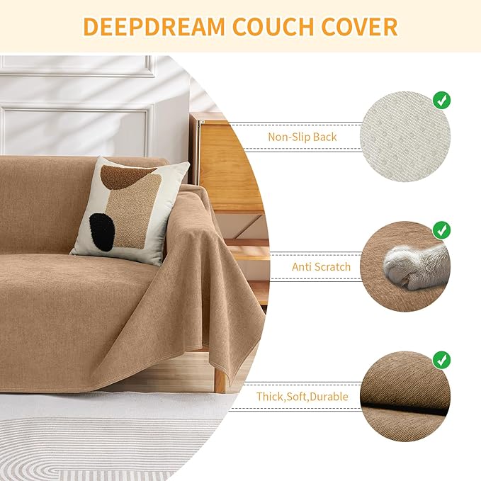 Deep Dream Cat-Scratch Resistant Couch Cover, Waterproof Sofa Cover for 3 Cushion Couch Washable, Pet Friendly Couch Protectors Anti Slip Thickened Sofa Slipcovers for Dogs Pets, 91" x 134", Brown