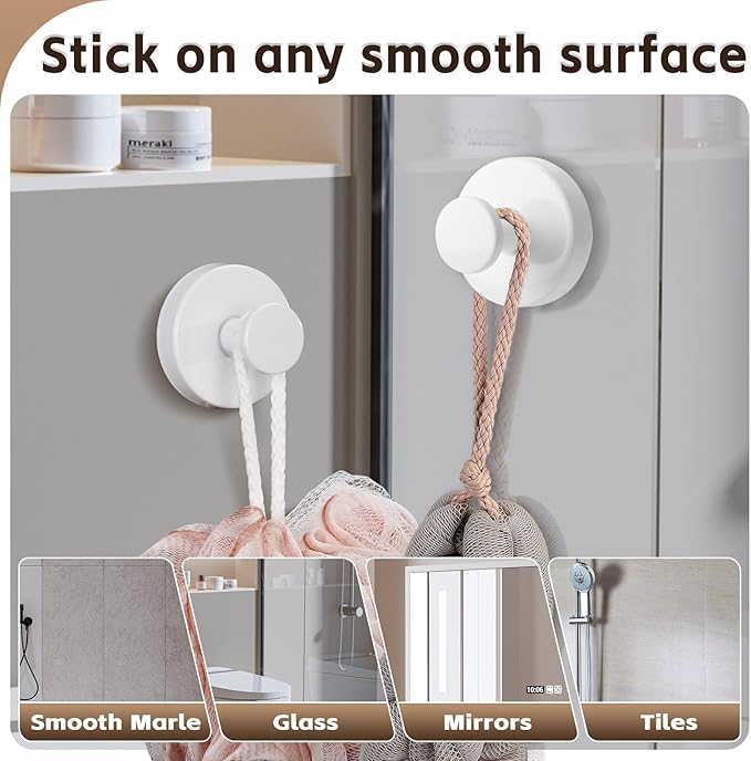 Reusable Heavy Duty Suction Cup Hooks for Kitchen/Bathroom/Shower - Wet-Proof Hooks for Towels, Robes, Loofah&Wreaths/No Drill Mounting on Glass, Tile, Metal (2, White)