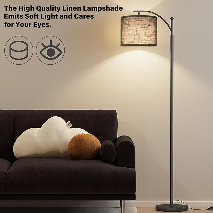 SUNMORY Arc Floor Lamp, Modern Floor Lamp with 12W 3 Color Temperatures Bulb, Metal Standing Lamps with Black Adjustable Hanging Lampshade, Tall Floor Lamps for Living Room, Bedroom, Office