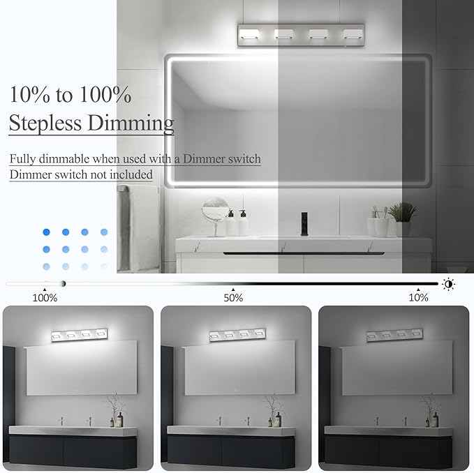 Ralbay 5 Color Temperature Brushed Nickel Vanity Lights for Bathroom 4 Lights Dimmable Acrylic Modern LED Brushed Nickel Bathroom Lighting Fixtures
