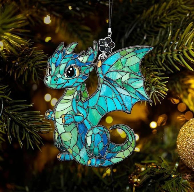 Baby Dragon Stained Glass Style Ornament, Acrylic Window Hanging Suncatcher Decoration, Cute Blue Dragon Fantasy Decor for Christmas Tree, Kids Room or Home, Gift for Women Mom Birthday Holiday