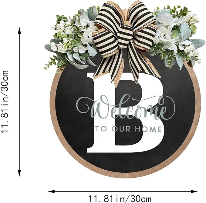 Circular Surname Front Door Welcome Sign - 26 Letter House Wreath, Front Porch Decorations, Year-Round Home Decor (B)