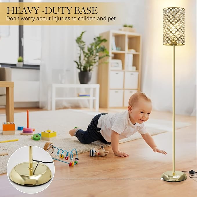 GyroVu Gold Floor Lamp,Elegant Crystal Floor Lamp Modern Standing Lamp with On/Off Foot Switch,Tall Pole Accent Lighting for Living Room, Girl Bedroom, Dresser, Office