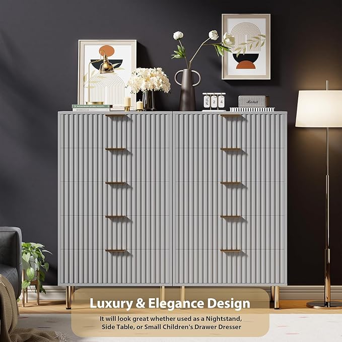 GarveeHome Fluted 5 Drawer Dresser for Bedroom, 48 in Tall Modern Chest of Drawers with Deep Drawers and Wide Top, Wooden Dresser Organizer for Living Room, Hallway, Kids Room, Grey